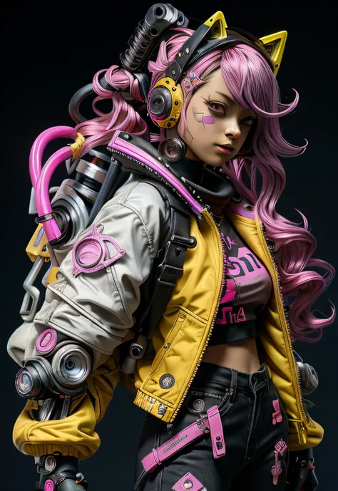 una mujer con cabello rosa sentada encima de una pared, arte cyberpunk de anime, arte de anime cyberpunk, chica de anime cyberpu...