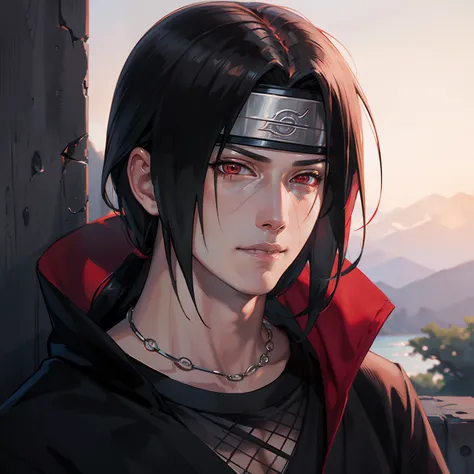 masterpiece, itachi uchiha, 1boy, perfect composition, super realistic, detailed, realistic face and body, sad smile. headband k...