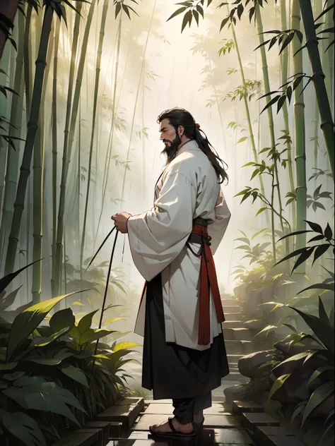 deep in the bamboo forest, chinese ancient times，raining day, a middle-aged male, 50yearsold, with a beard，long whitr hair，dress...