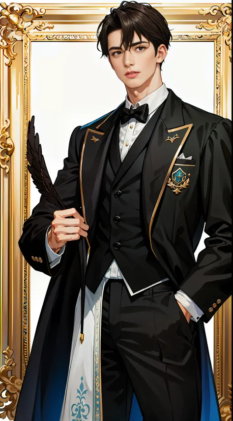 "european classic black suit, wise and charming handsome guy, with a gentleman's posture, handsome face and tall figure, a rich ...