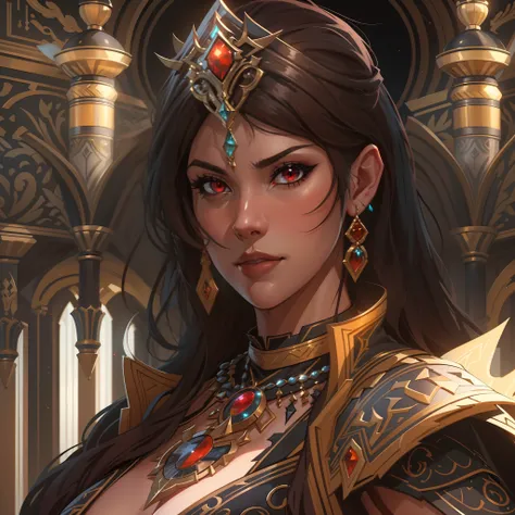 a close up of a strong amazon woman in her 30s, with red eyes and brown hair, wearing a black and red belly dancer attire, a heroine with red eyes, female mage with sun power, middle-eastern princess, standing in a middle-eastern temple, new costume concep...
