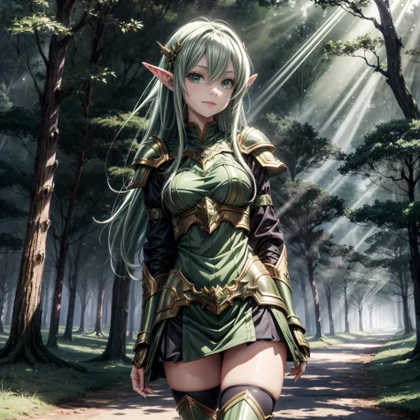 anime style, elven girl, (green eyes), walking around in a forest, dark forest, (armor on the shoulders), 8k, (masutepiece), hig...