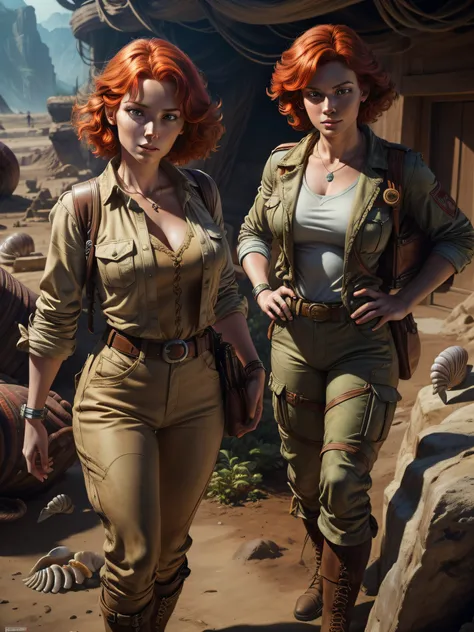 a gorgeous red head female paleontologist wears a complete explorer outfit and (her new found excavated mollusc fossils:1.2), an...