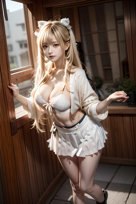 top-quality、masterpiece、超A high resolution、(Photorealsitic:1.4)、Raw foto、1 girl in、a blond、full body Esbian、large full breasts、Ultra exposed cleavage、erotick、Erotic look、gargantilha、二重まぶた、Loose and fluffy perm、semi long hair、student clothes、a miniskirt、JK...