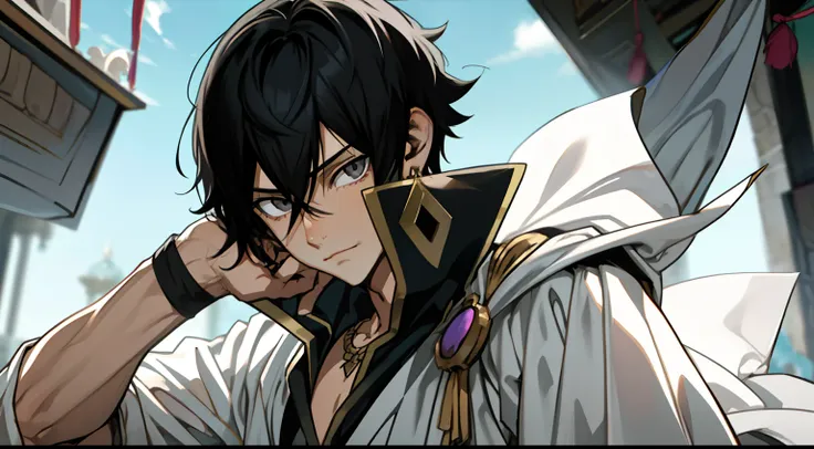 masterpiece, best quality, hiquality, 1boy, 独奏, male focus, looking a viewer, upper-body, zeref, greek clothes, black hair, gray...