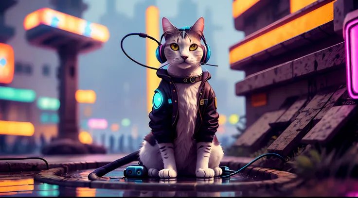 A cat with headphones and a jacket is sitting on a large lily leaf in a fountain. Cyberpunk and post-Soviet modernism  style themed. closeup view, neon lights., Pop art, Pixar, three sided view, UHD, anatomically correct, textured skin, super detail, high ...