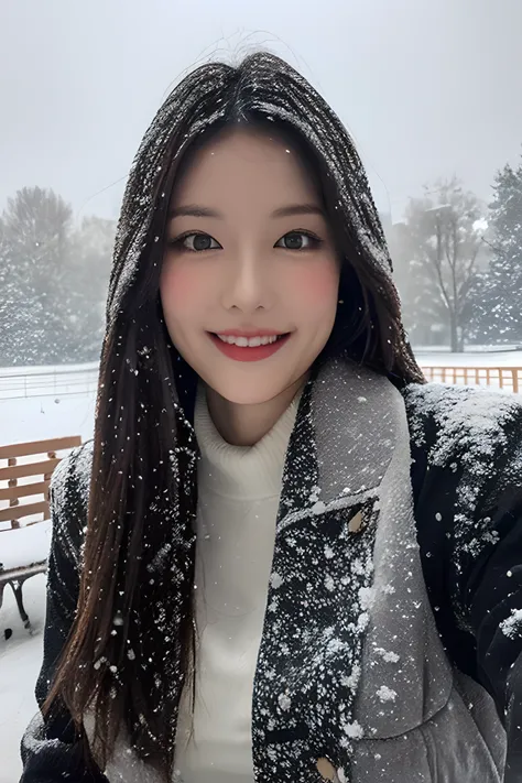 (8k、top-quality、Masterpiece、超A high resolution:1.2) 、(Photo of Pretty Japanese woman in the style of paul rubens and rebecca guay:1.1),(Paul Rubens and Rebecca Guays style:1.1) 、(Gloomy winter snow:1.4) 、a smile、The upper part of the body