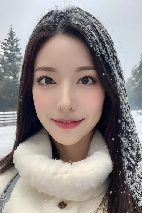 (8k、top-quality、Masterpiece、超A high resolution:1.2) 、(Photo of Pretty Japanese woman in the style of paul rubens and rebecca guay:1.1),(Paul Rubens and Rebecca Guays style:1.1) 、(Gloomy winter snow:1.4) 、a smile、The upper part of the body