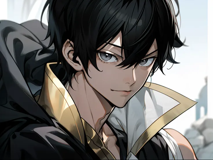 masterpiece, best quality, hiquality, 1boy, 独奏, male focus, looking a viewer, upper-body, zeref, greek clothes, black hair, gray...