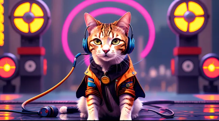 A cat with headphones and a jacket is sitting on a large lily leaf in a fountain. Cyberpunk and post-Soviet modernism  style themed. closeup view, neon lights., Pop art, Pixar, three sided view, UHD, anatomically correct, textured skin, super detail, high ...