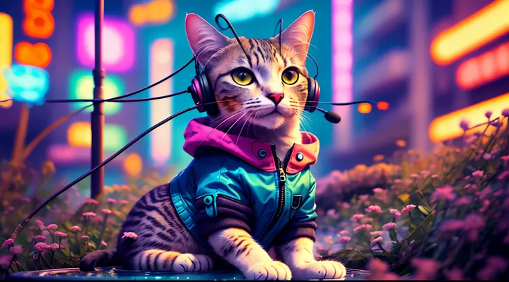 a cat with headphones and a jacket is sitting on a large lily leaf in a fountain. cyberpunk and post-soviet modernism  style the...