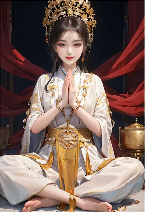 amazing portrait of oriental beauty in yellow hanfu，（meditation cross-legged:1.3），（beautiful eyes looking straight ahead），long e...