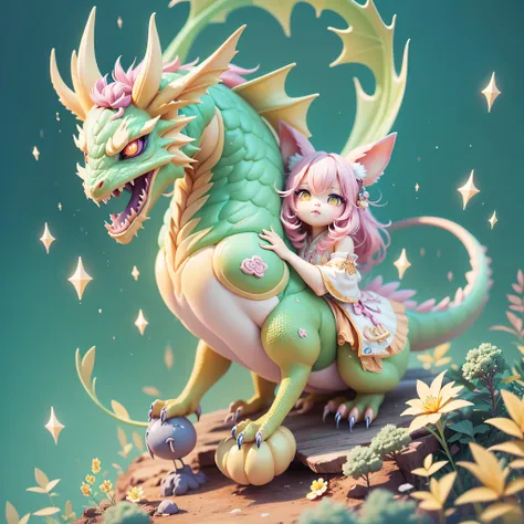 chinese anime - with a yellow mane and（dragon with pink horns）, cute detailed digital art, lovely digital painting, cute 3 d ren...