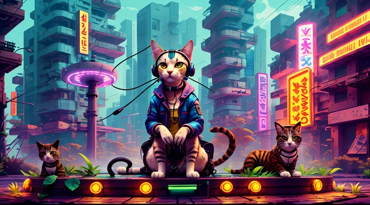 a cat with headphones and a jacket is sitting on a large lily leaf in a fountain. cyberpunk and post-soviet modernism  style the...