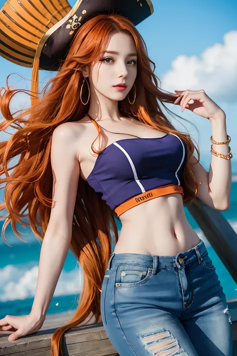 (((masterpiece+best quality+high resolution+ultra-detailed))), nami \(one piece\), long silky orange hair, high nose, sharp eyes...