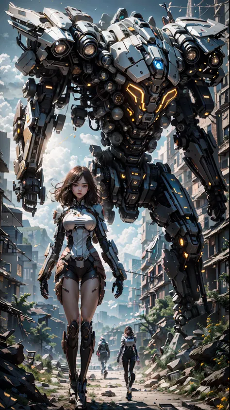 ((best quality)), ((masterpiece)), (very detailed:1.3), 3d, shitu-mecha, beautiful cyberpunk woman with her pink mech in the rui...