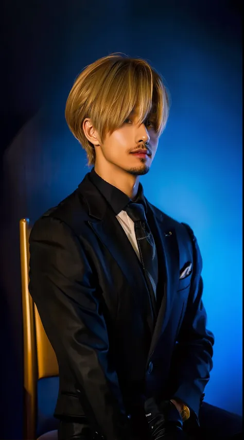 ((realistic lighting, best quality, 8k, masterpiece: 1.3)), focus: 1.2, blonde hair ,sanji ,one piece, wear black suit with tie ...