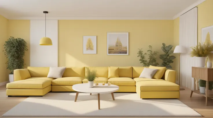 1
a yellow living room with a yellow couch and two plants royalty illustration, walls with tone of yellow, living room wall back...