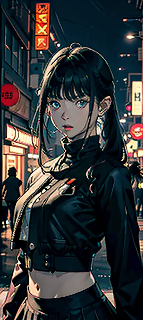 1girl, masterpiece, best quality, high quality, extremely detailed, hdr, absurdres, Hanni, (black eye color), (black eyes), (black pupil), small breasts, pleated skirt, crop top, ((knitted shirt)), dark intense shadows, cinematic lighting, expressionless,...