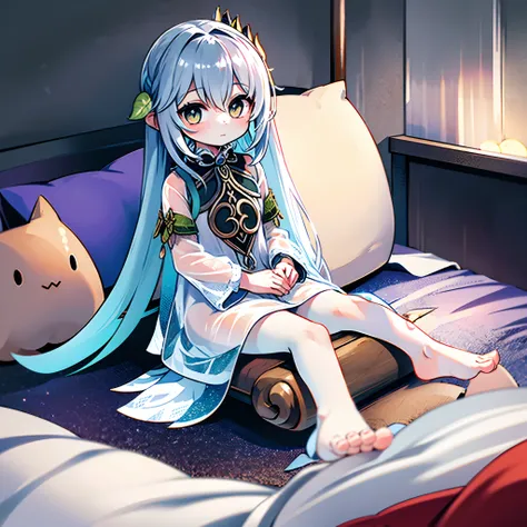 About ten years old,The barefoot,Bottom plate silver wolf,without wearing shoes,see-through raincoat,sit on a bed,Feet facing forward