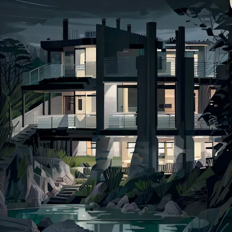 a painting of a house with a walkway beside of a river,ultra hd! surrealistic, 8k, ((((balconies)))), dark night,