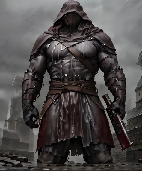 male executioner , il brandit une lourde hache sous la pluie,