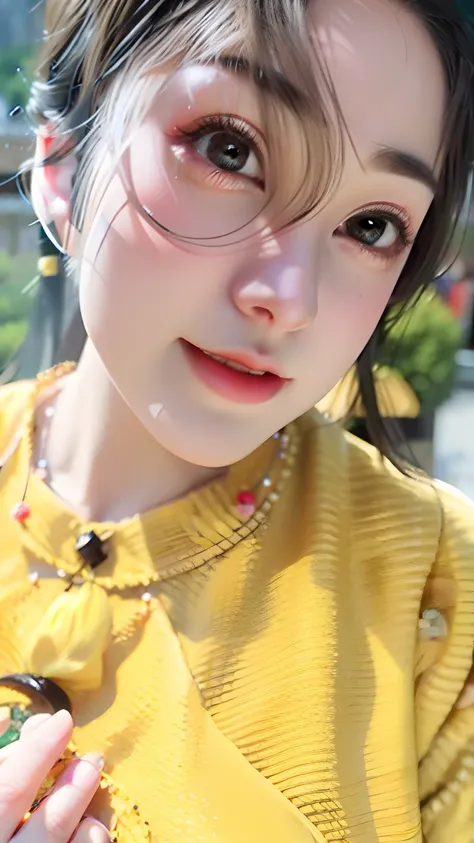 There was a woman, girl cute-fine face, Round cute face, She has a cute face, with cute - fine - face, ulzzangs, Wearing wheat yellow gauze, wan adorable korean face, pale round face, clear cute face, Young and cute face, young cute wan asian face, 8k self...