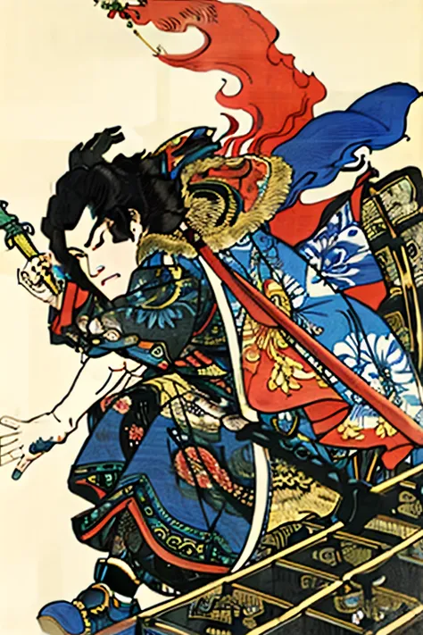 the whole body,extreme detail description,Utagawa Kuniyoshi,(1boy:1.3),(emotional body movements:1.3),HDR,UHD,8K, best quality,(White background)