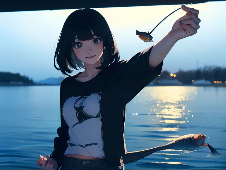 (((catching a fish with both hands))) (((stand by the lakeside:1.1))),((Best quality, Masterpiece :1.3)),(1 japanese mature female),black hair, longeyelashes, solid circle eyes, light smile, drop shadow, atmospheric perspective, 8k, super detail, ccurate, ...