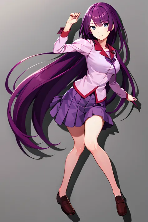 1girll,,Emoji seduction,senjougahara hitagi, Solo, upper legs, Skirt, Long hair, Naoezu High School uniform, Blue eyes, Juliet sleeves, school uniform, Purple hair, shirt, zettai ryouiki, Medium breasts, Very long hair, Purple skirt, Miniskirt,Full body ph...