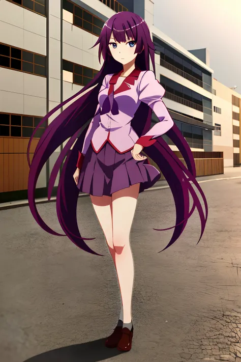 1girll,,Emoji seduction,senjougahara hitagi, Solo, upper legs, Skirt, Long hair, Naoezu High School uniform, Blue eyes, Juliet sleeves, school uniform, Purple hair, shirt, zettai ryouiki, Medium breasts, Very long hair, Purple skirt, Miniskirt,Full body ph...