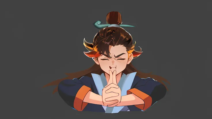 Handsome 15-year-old young Taoist priest,Exaggerated expressions,With his eyes closed,Puff out your mouth,holding breath,