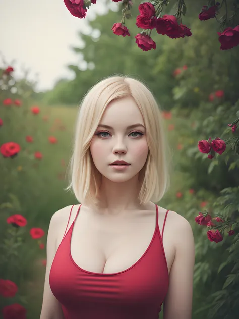 by oprisco, masterpiece, portrait, blonde woman, red tank top, big breasts, on nature, flowers, dark vignetting, 4k, hiquality,