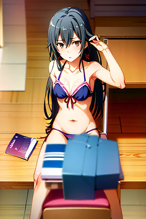 (Brushing Hair Behind Ears:1.5), (yukinoshita yukino:1.5), masterpiece, top-quality, absurderes, 1girl in, inside the house, book library, desk, Open Books, looking downwards, read, (Sit up:1.3), a chair, The upper part of the body、The bikini