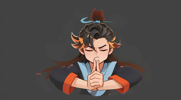frontage,Taoist,A handsome young 15-year-old Taoist priest,Exaggerated expressions,With his eyes closed,Puff out your mouth,Hold your breath,Wearing a light blue costume,hands on the chest,Clench your hands in fists and cross your thumbs,Long flowing black...