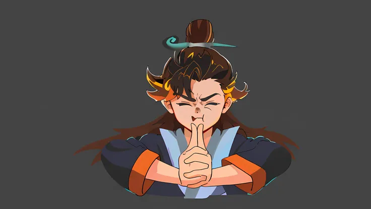 frontage,Taoist,Long flowing black hair fluttered,A handsome young 15-year-old Taoist priest,Exaggerated expressions,With his eyes closed,Puff out your mouth,Hold your breath,Wearing a light blue costume,hands on the chest,Clench your hands in fists and cr...