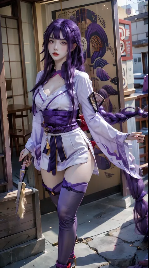 photorealistic, high resolution, 1women, solo, hips up, look at viewer, (detailed face), (blunt bangs, braid, wide sleeves, hair ornament, japanese clothes, red obi, (purple hair:1.2), very long hair, straight hair,black thighhighs, smooth