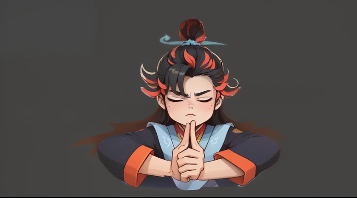 frontage,Taoist,Handsome 15-year-old young Taoist priest,Exaggerated expressions,With his eyes closed,Puff out your mouth,holding breath,Wearing light blue clothing,Hands on the chest,Clench your hands into fists,Cross your thumbs,Long flowing black hair f...