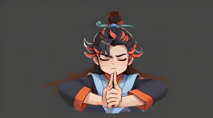 frontage,Taoist,Handsome 15-year-old young Taoist priest,Exaggerated expressions,With his eyes closed,Puff out your mouth,holding breath,Wearing light blue clothing,Hands on the chest,Clench your hands into fists,Cross your thumbs,Long flowing black hair f...