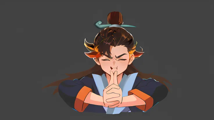 Handsome 15-year-old young Taoist priest,Exaggerated expressions,With his eyes closed,Puff out your mouth,holding breath,