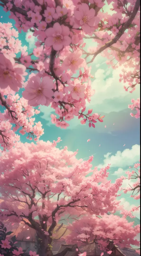 lots of pink trees, large skies, white clouds , petals , blossoms, aesthetic serene bliss, diffused light, god rays, chromatic a...