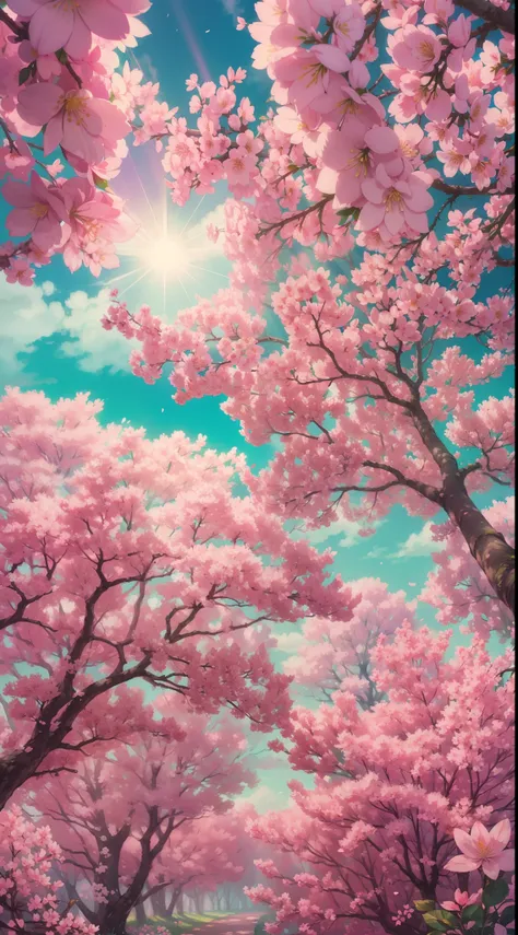 lots of pink trees, large skies, white clouds , petals , blossoms, aesthetic serene bliss, diffused light, god rays, chromatic a...