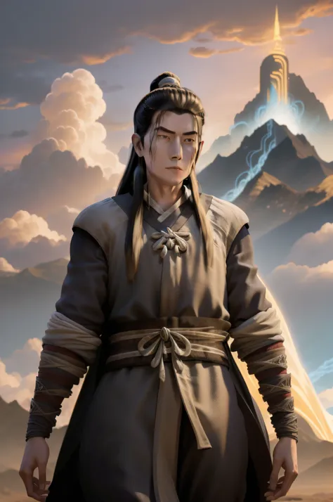 (immortal warlock+the character stands as a golden taoist priest:1.1)，immortal mountain cloud sea