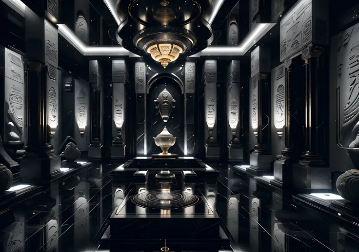 incredible white black blue luxurious futuristic interior in ancient egyptian style with lotus flowers, palm trees, hieroglyphic...