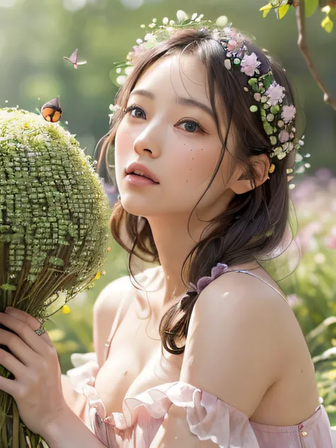 (Best quality), (masterpiece:1.3), (photorealistic:1.36), (realistic), ultra-detailed,, detailed background, (The ladybugs move silently over the blooming flowers in May, the jolly bees move all day long over the delicate pink threads, while the chaffinche...