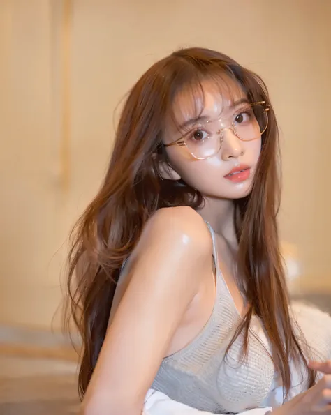 araffed asian woman in glasses sitting on a bed, brown hair long，by bangs, long whitr hair，thick bangs, gorgeous young korean wo...