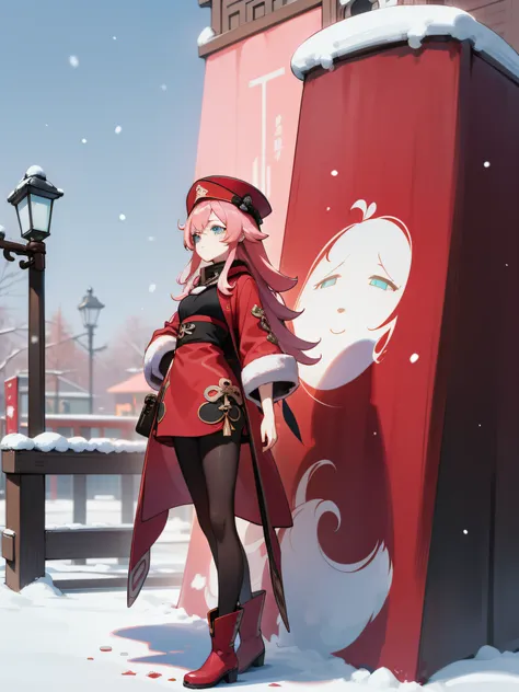 tmasterpiece, beste-qualit, ultra-detailed, 真实感, 1girl, yan fei, hairlong, red coat, low coat, coat below the knees, pale pink h...