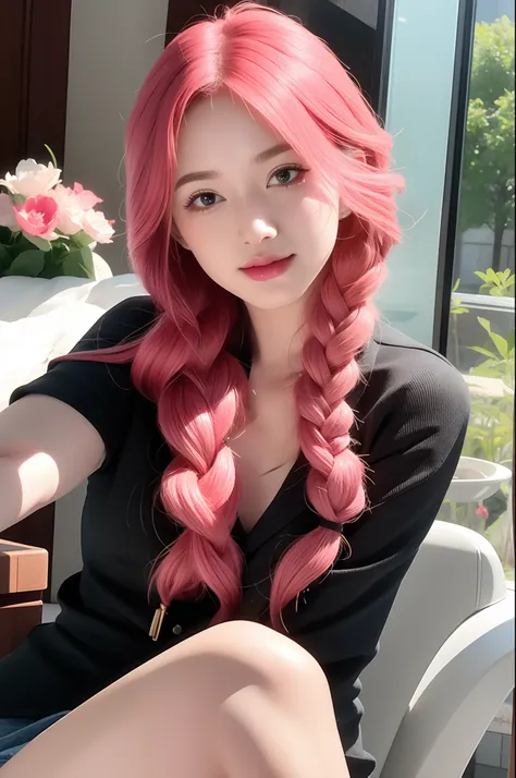 girl with pink hair， looks into camera，high qulity