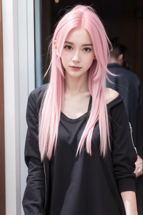 girl with pink hair， looks into camera，high qulity