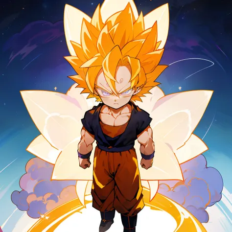 son goku, super saiyan, yellow hair, standing pose, yellow aura, masterpiece, best quality, illustration, hair standing upright:...